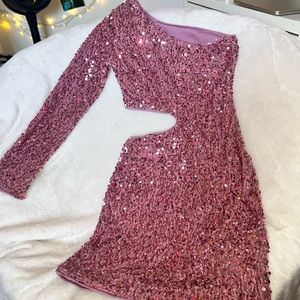 Short Half Long Sleeve Pink Sequence Dress